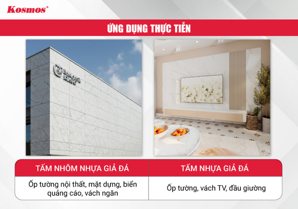 Điểm khác biệt trong ứng dụng của tấm alu giả đá và PVC vân đá