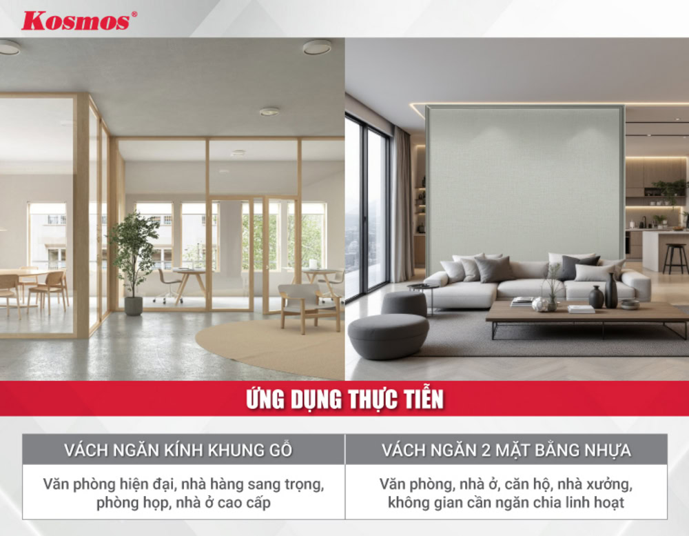 Điểm khác biệt về ứng dụng của vách gỗ - kính và vách nhựa