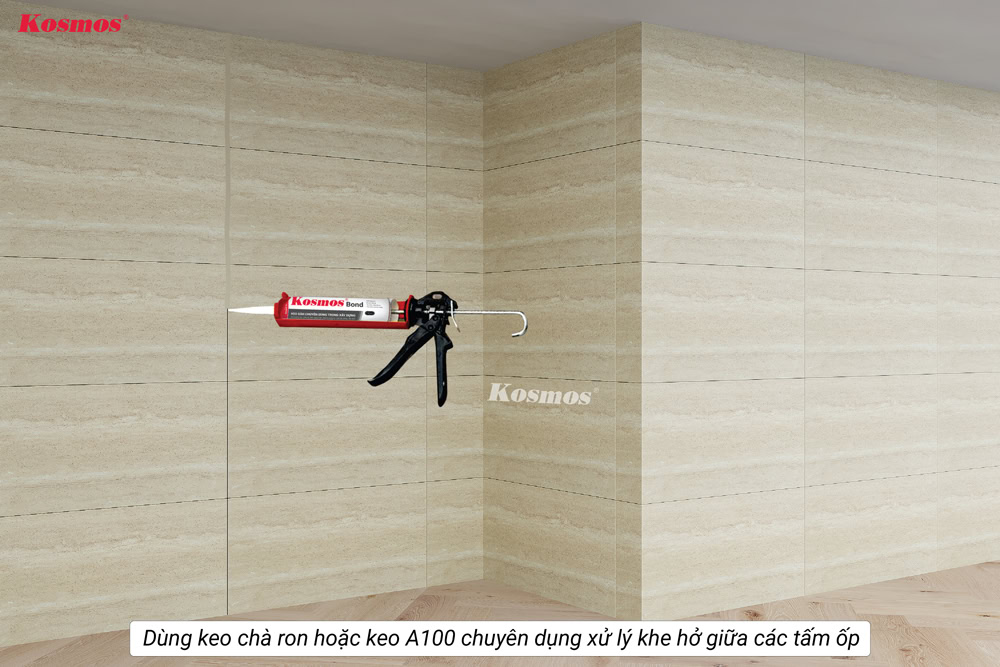 Dùng keo chà ron hoặc keo A100 chuyên dụng xử lý khe hở