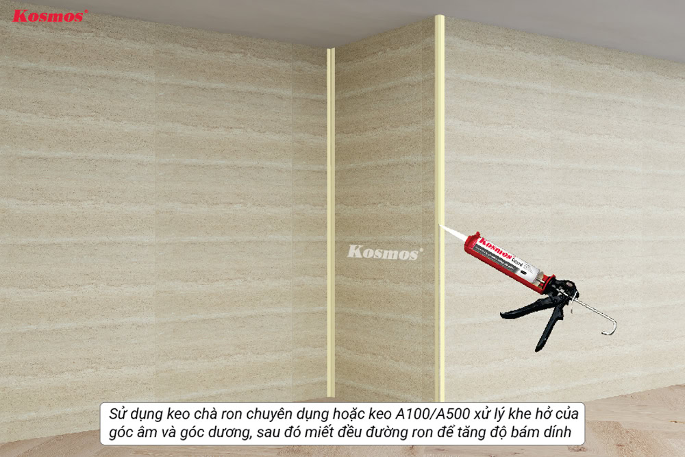 Dùng keo chà ron hoặc keo A100/A500 chuyên dụng xử lý khe hở giữa các tấm ốp Dùng keo chà ron hoặc keo A100/A500 chuyên dụng xử lý khe hở giữa các tấm ốp