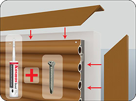 Dùng keo và vít inox đầu dù đuôi tè để cố định nẹp V lên tấm ốp lam sóng tròn gỗ nhựa ASA và khung xương