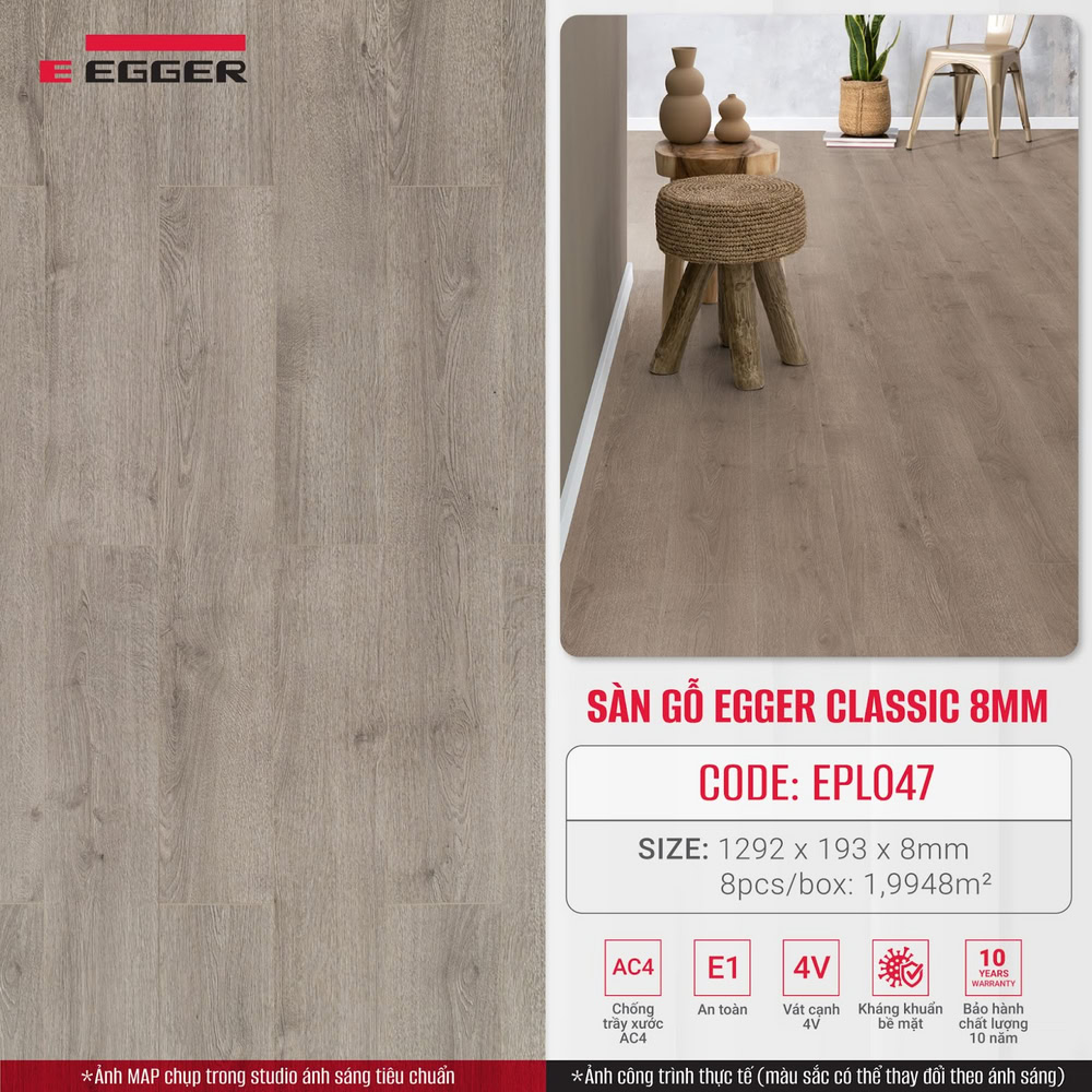 Egger Classic 8mm EPL047 là sàn gỗ Đức, tông màu xám nâu