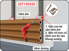 Hèm âm của tấm ốp lam sóng tròn 3ST195X30 được cố định trên thanh xương thông qua ke bởi vít inox
