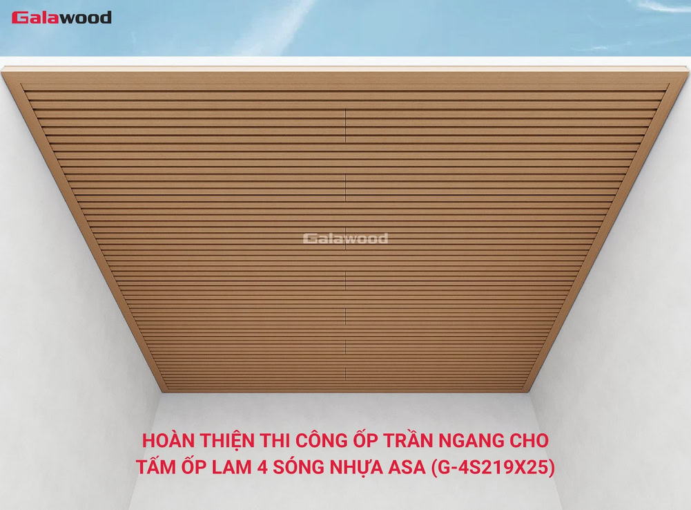 Hình công trình thi công lam 4 sóng nhựa ASA G-4S219X25 ốp ngang lên trần hoàn thiện
