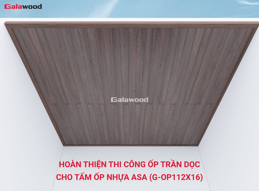 Hình công trình thi công tấm ốp nhựa ASA G-OP112X16 ốp dọc lên trần hoàn thiện