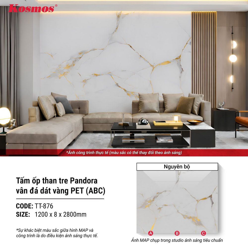 Hình ứng dụng tấm ốp than tre Pandora vân đá dát vàng TT-876