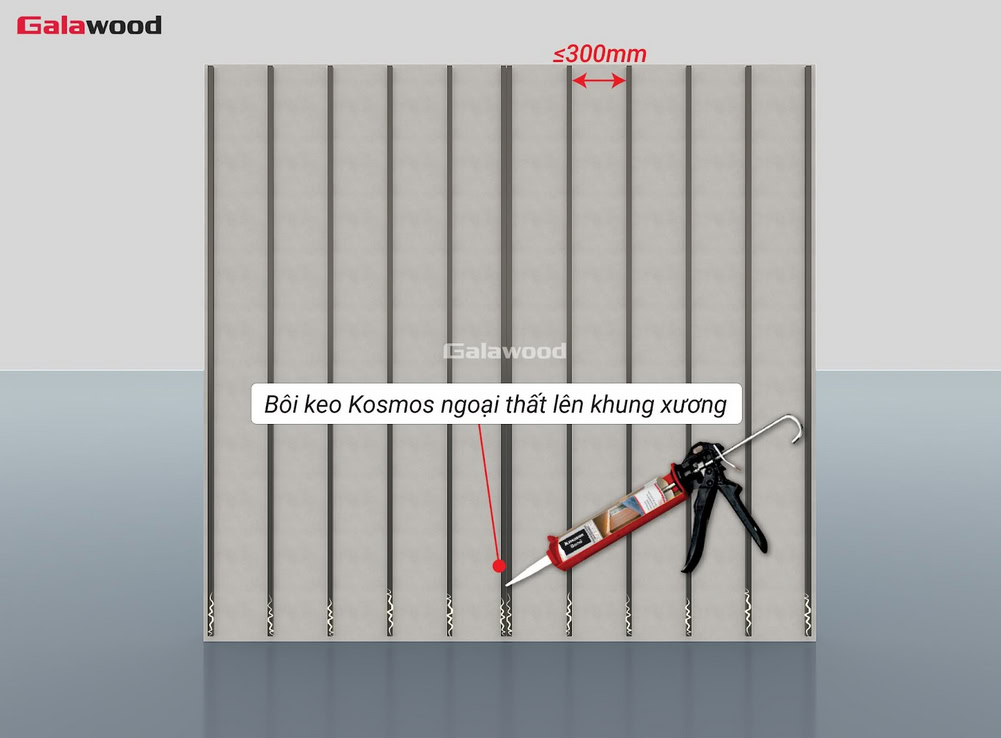 Bôi keo vào khung xương nằm dọc khi thi công tấm ốp lam sóng nhựa ASA nằm ngang