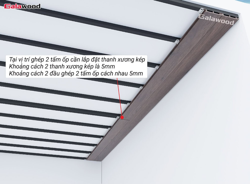 Khoảng cách giữa 2 đầu nối tấm ốp nhựa ASA lên khung xương trên trần là 5mm