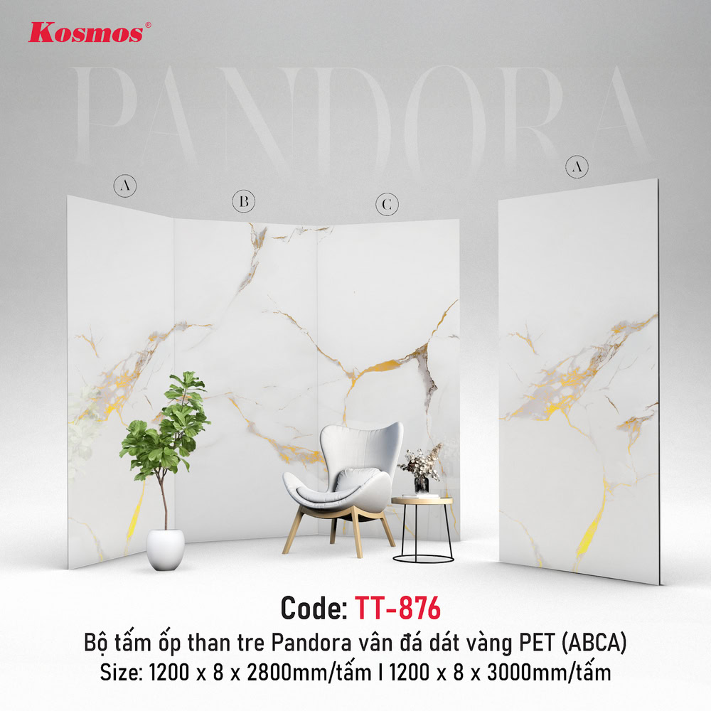 Tấm ốp than tre Pandora TT-876 Pandora vân đá dát vàng PET
