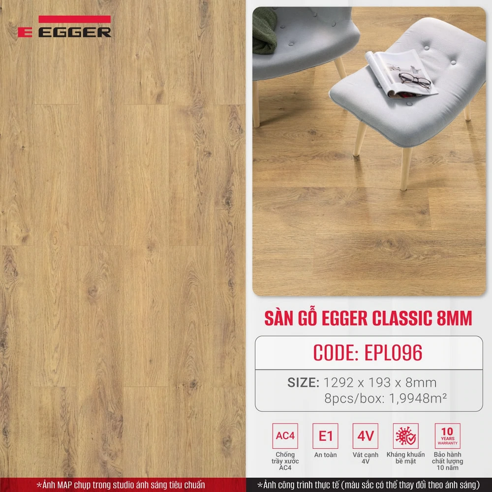 Sàn gỗ Egger Classic 8mm EPL096 Natural Grayson Oak bảo hành 10 năm