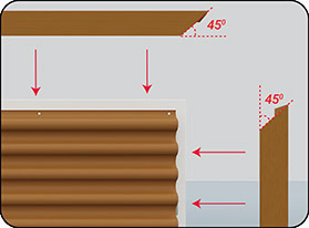 Khi che các cạnh tấm ốp bằng nẹp V gỗ nhựa, tại các vị trí góc vuông, nẹp V cần được cắt theo góc 45°