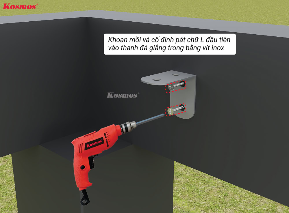 Drill a pilot screw into the pilot hole right on the round hole on the L-shaped iron bracket to fix the L-shaped iron bracket to the frame.