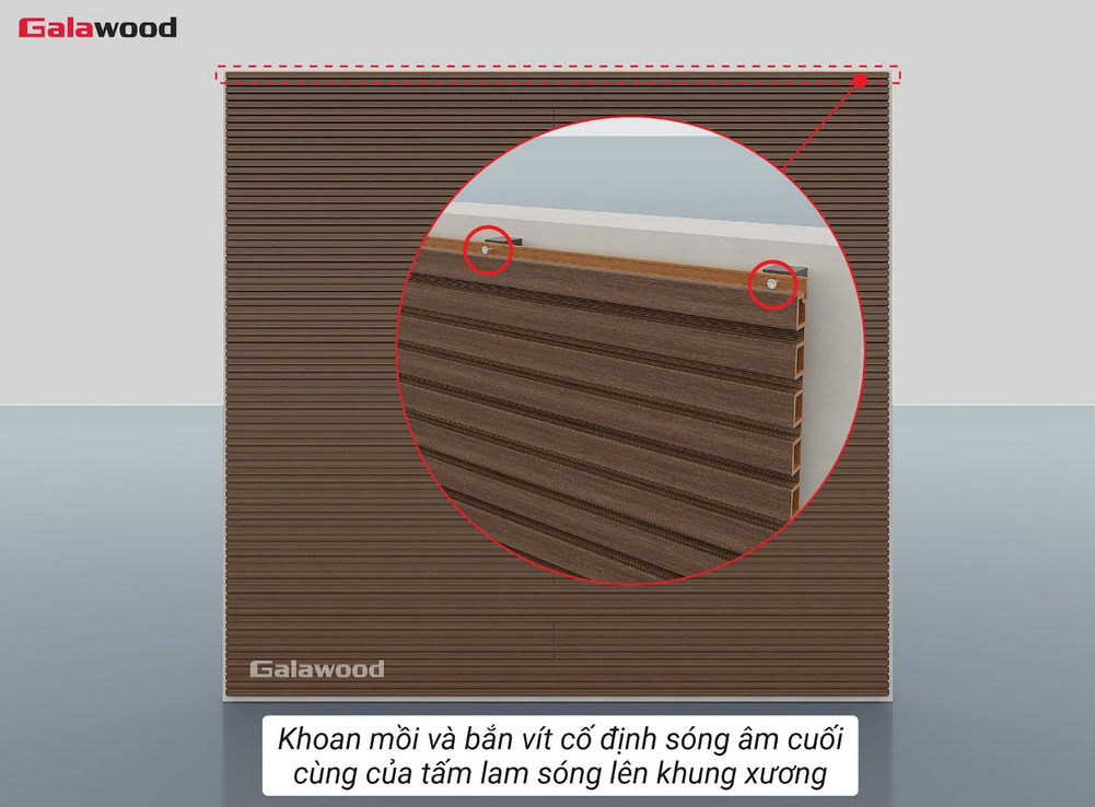 Khoan mồi và bắn vít cố định sóng âm cuối cùng của tấm lam sóng G-5S190X20 lên khung xương dọc