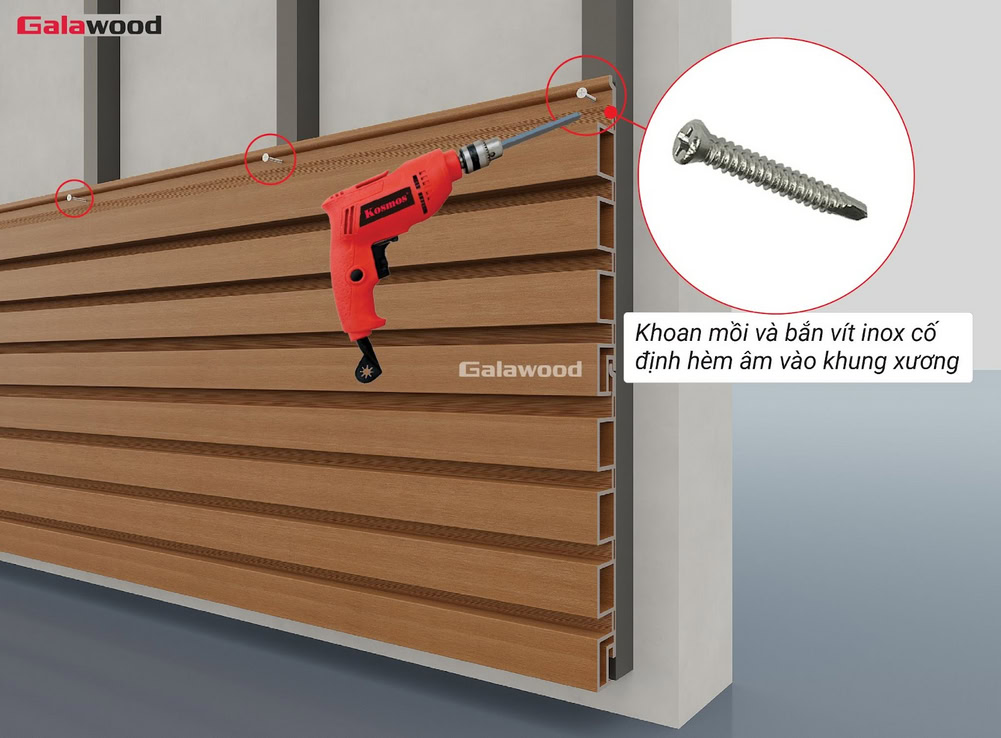 Khoan mồi và bắn vít inox cố định hèm âm G-4S219X25 lên khung xương dọc