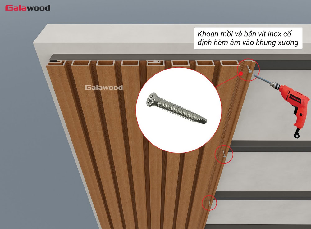 Khoan mồi và bắn vít inox cố định hèm âm G-4S219X25 lên khung xương ngang