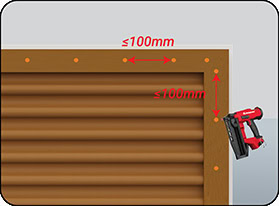 Khoảng cách các lỗ đinh khi cố định nẹp V với tấm ốp lam sóng tròn gỗ nhựa 2 lớp phủ ASA ≤10cm