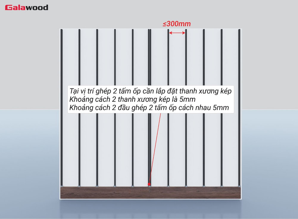 Khoảng cách giữa 2 đầu nối tấm ốp nhựa ASA trên khung xương dọc là 5mm