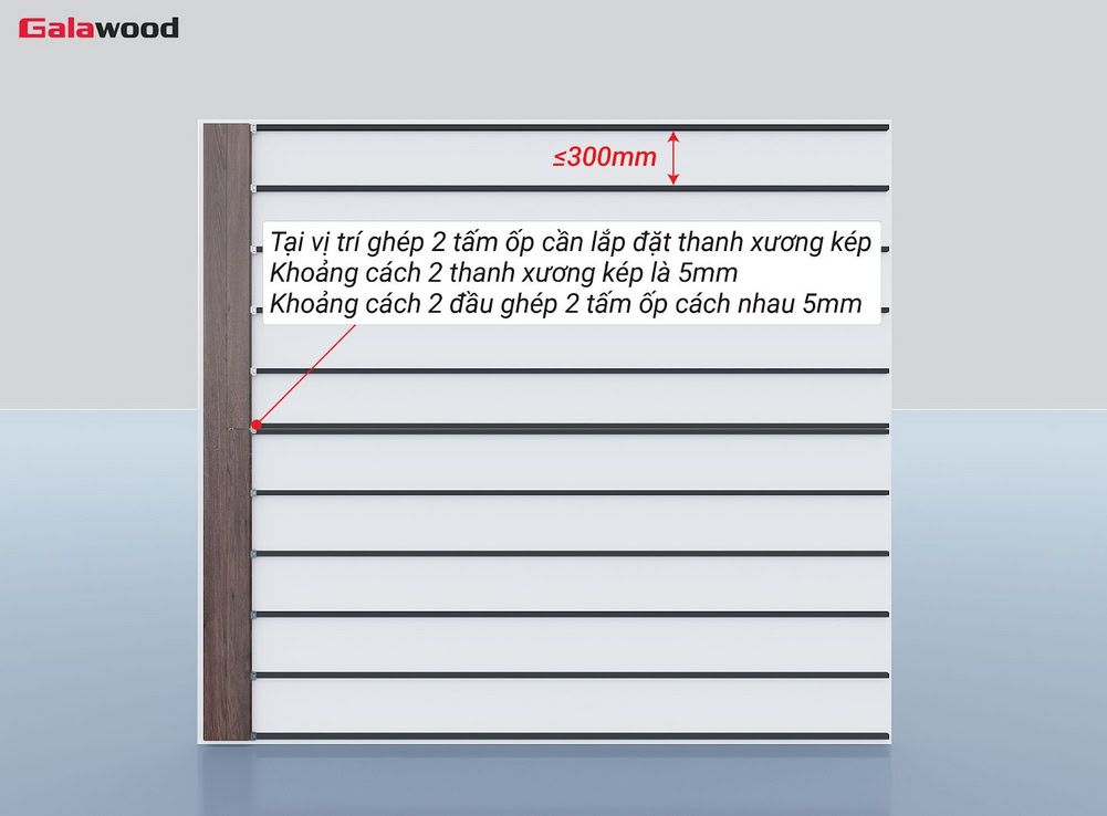 Khoảng cách giữa 2 đầu nối tấm ốp nhựa ASA trên khung xương ngang là 5mm