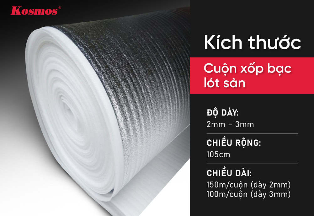 Dimensions of silver foil foam rolls (silver-coated/aluminum-coated PE foam) for flooring.