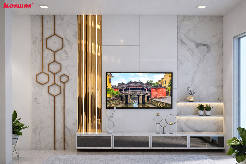 Lam sóng inox trang trí tại khu vực vách tivi