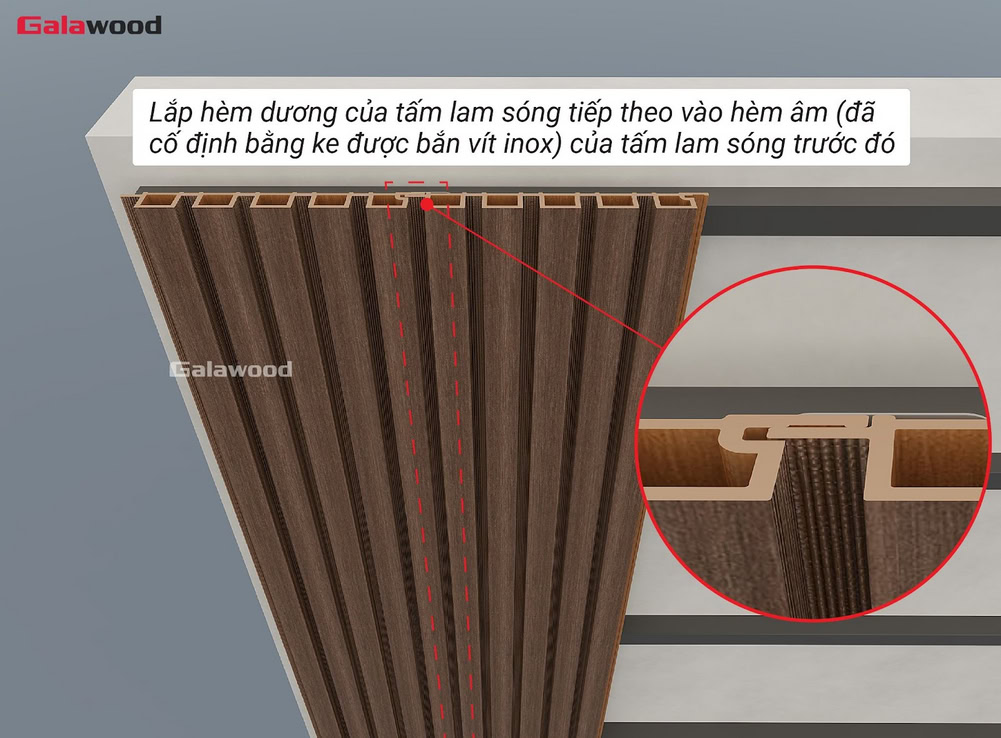 Lắp hèm dương vào hèm âm lam 5 sóng nhựa ASA nằm dọc trên khung xương