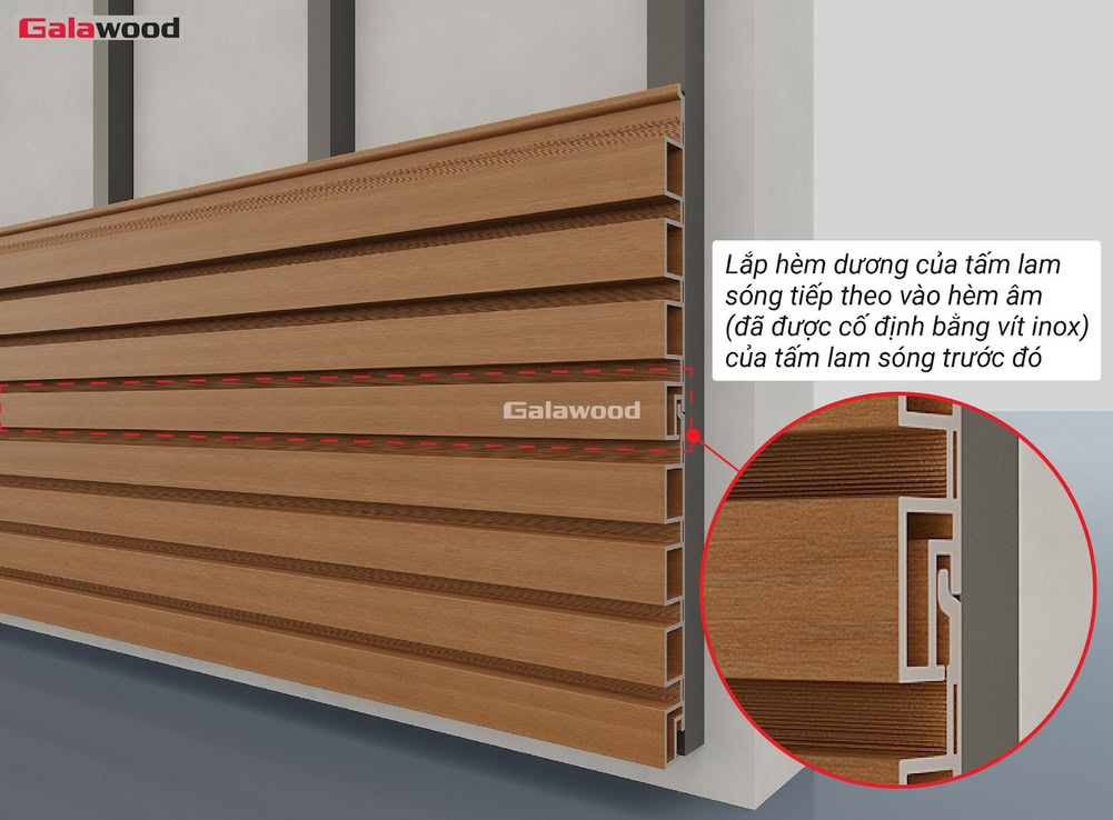 Lắp hèm dương vào hèm âm lam sóng nhựa ASA G-4S219X25 nằm ngang trên khung xương