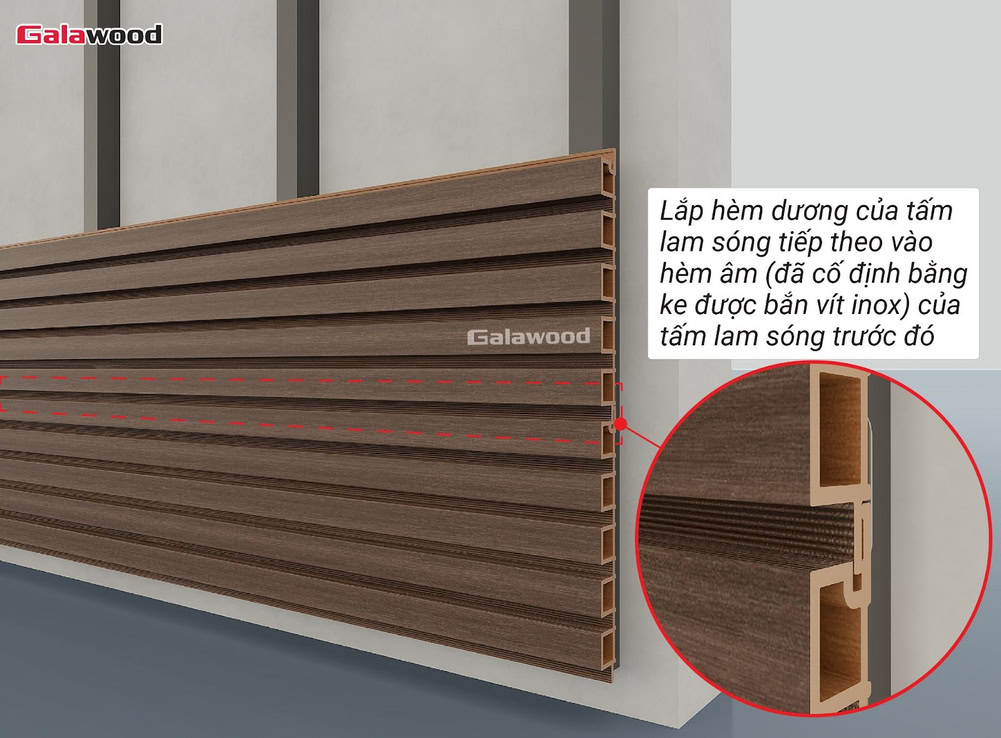 Lắp hèm dương vào hèm âm tấm ốp lam 5 sóng nhựa ASA nằm ngang trên khung xương