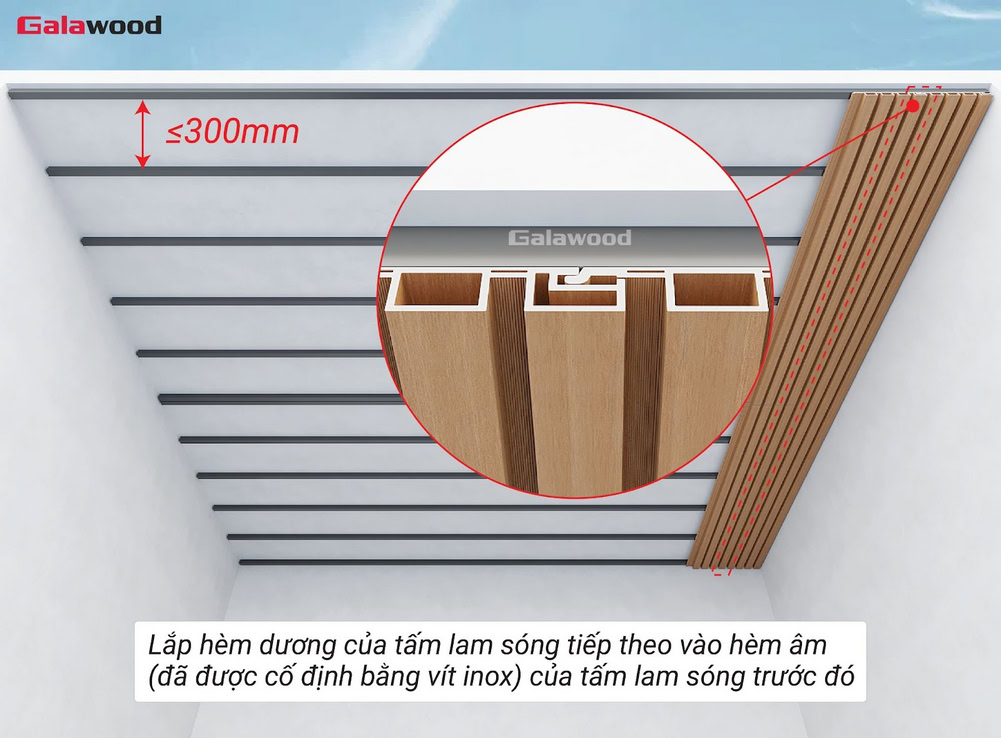 Lắp hèm dương vào hèm âm tấm ốp lam sóng G-4S219X25 lên khung xương trên trần