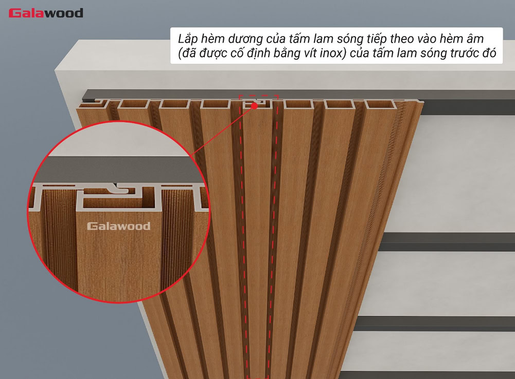 Lắp hèm dương vào hèm âm tấm ốp lam sóng G-4S219X25 nằm dọc trên khung xương