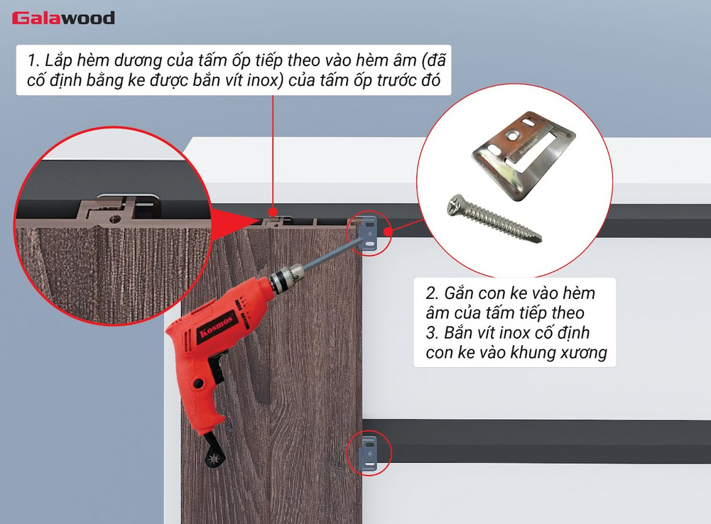 Lắp hèm dương vào hèm âm tấm ốp nhựa ASA nằm dọc trên khung xương