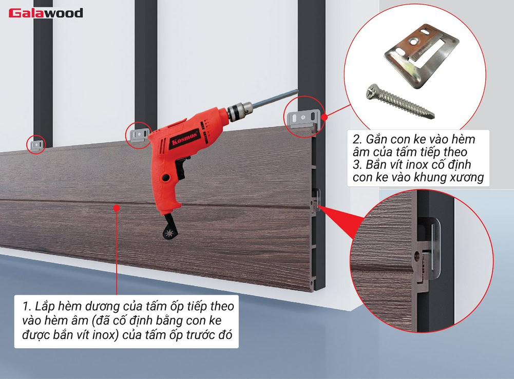 Lắp hèm dương vào hèm âm tấm ốp nhựa ASA nằm ngang trên khung xương