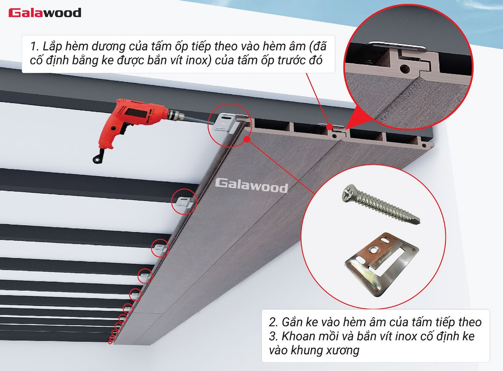 Lắp hèm dương vào hèm âm tấm ốp nhựa ASA trên khung xương
