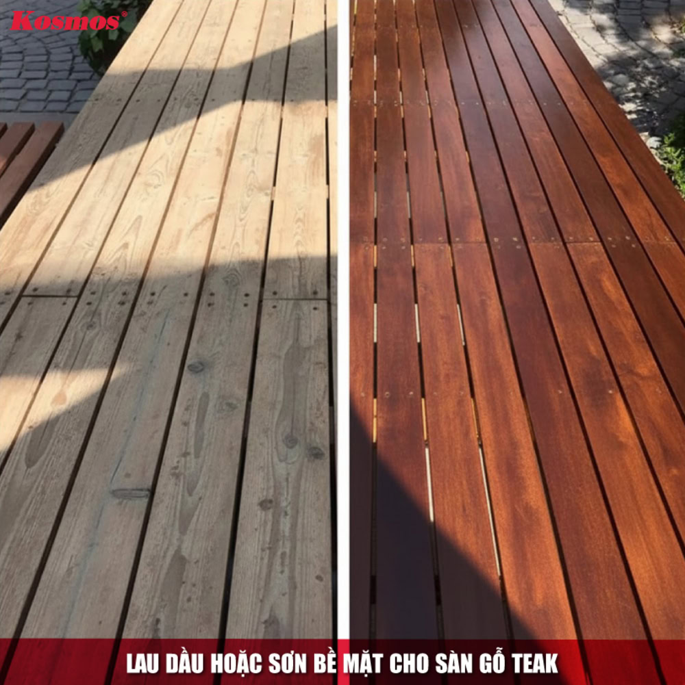 Lau dầu hoặc sơn bề mặt cho sàn gỗ Teak