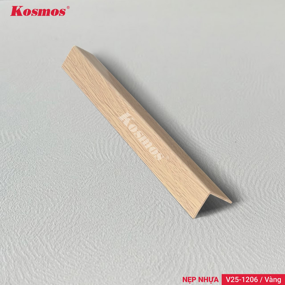 Nẹp V25-1206 màu vàng là nẹp nhựa chữ V dùng để che góc vuông giữa hai tấm ván sàn