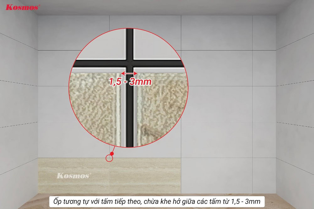 Ốp tương tự với tấm tiếp theo, chừa khe hở giữa các tấm từ 1,5 - 3mm