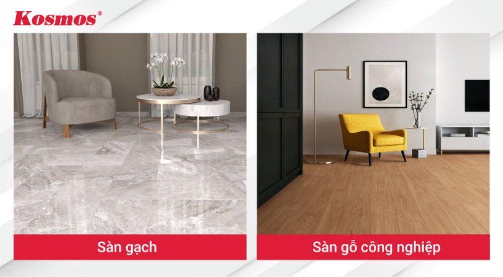 Sàn gạch và sàn gỗ công nghiệp có nhiều ưu điểm, đặc tính khác nhau
