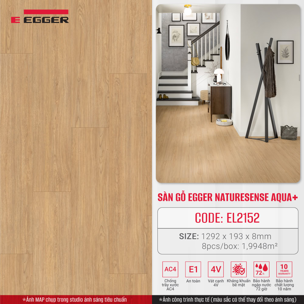 Sàn gỗ Egger Naturesense Aqua+ EL2152 (Natural Casella Oak) bảo hành ngập nước 72 giờ