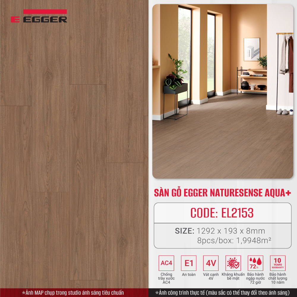 Sàn gỗ Egger Naturesense Aqua+ EL2153 Brown Casella Oak, bảo hành ngập nước 72 giờ