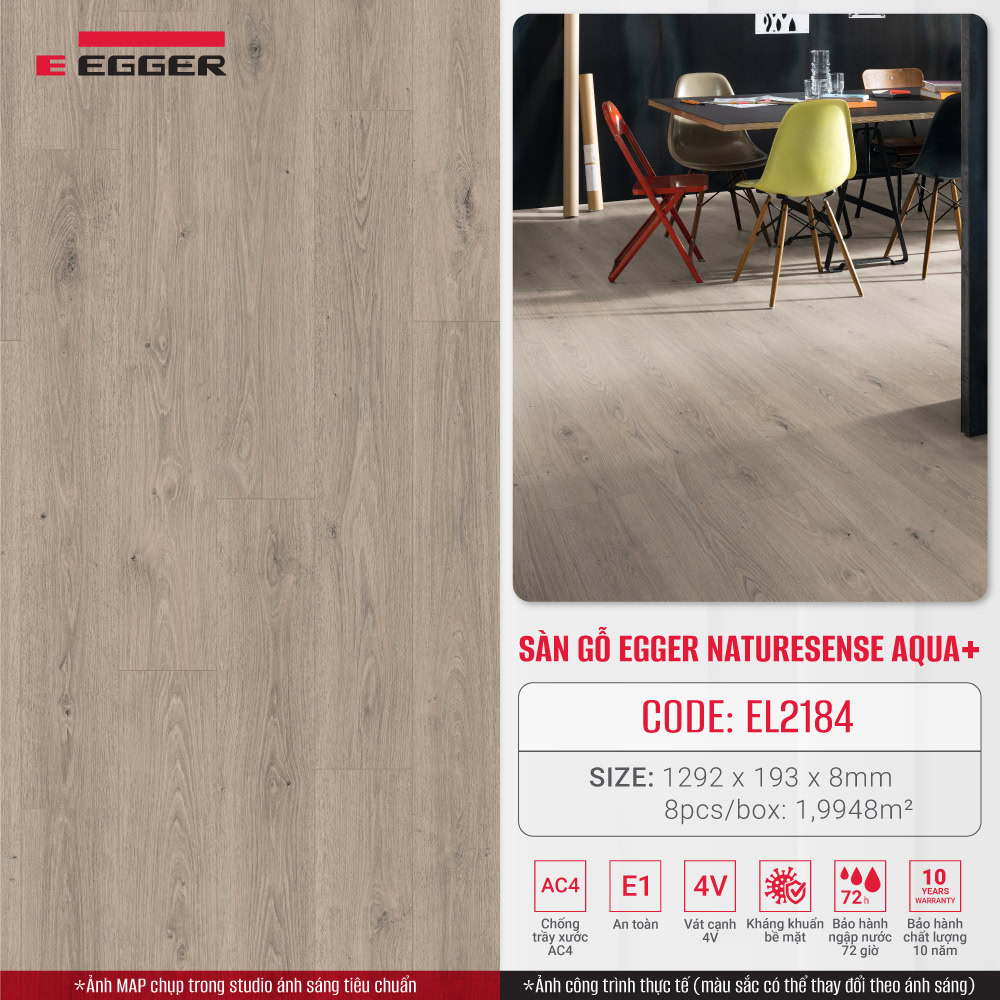 Sàn gỗ Egger Naturesense Aqua+ EL2184 (Grey Treviso Oak), bảo hành ngập nước 72 giờ