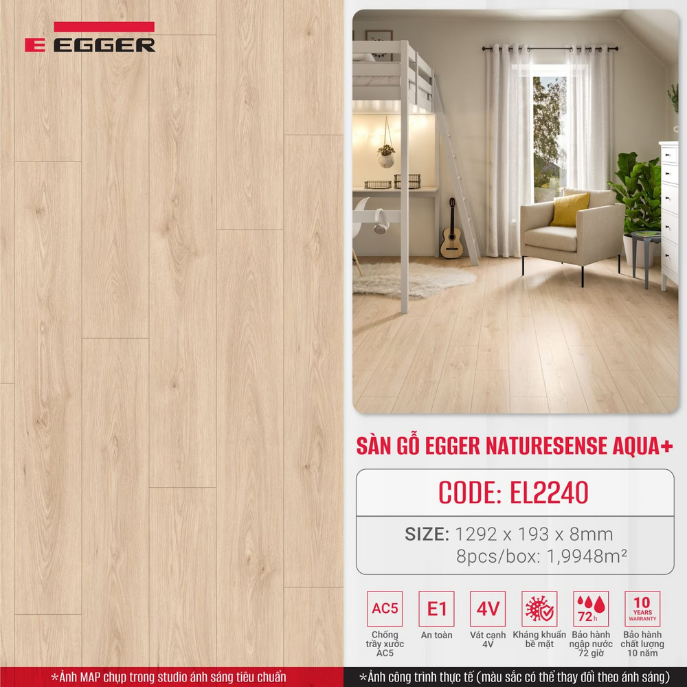 Sàn gỗ Egger Naturesense Aqua+ EL2240 (Light Avio Ash), bảo hành ngập nước 72 giờ