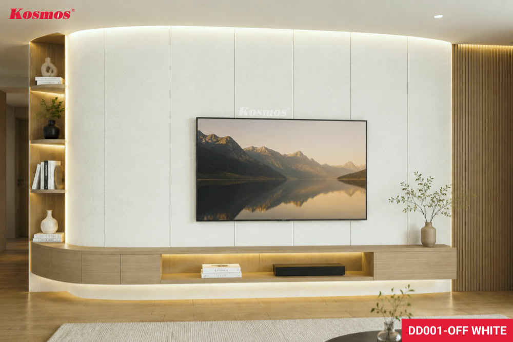 Tấm ốp đá dẻo DD001-OFF WHITE hoàn thiện vách tivi uốn lượn hiện đại