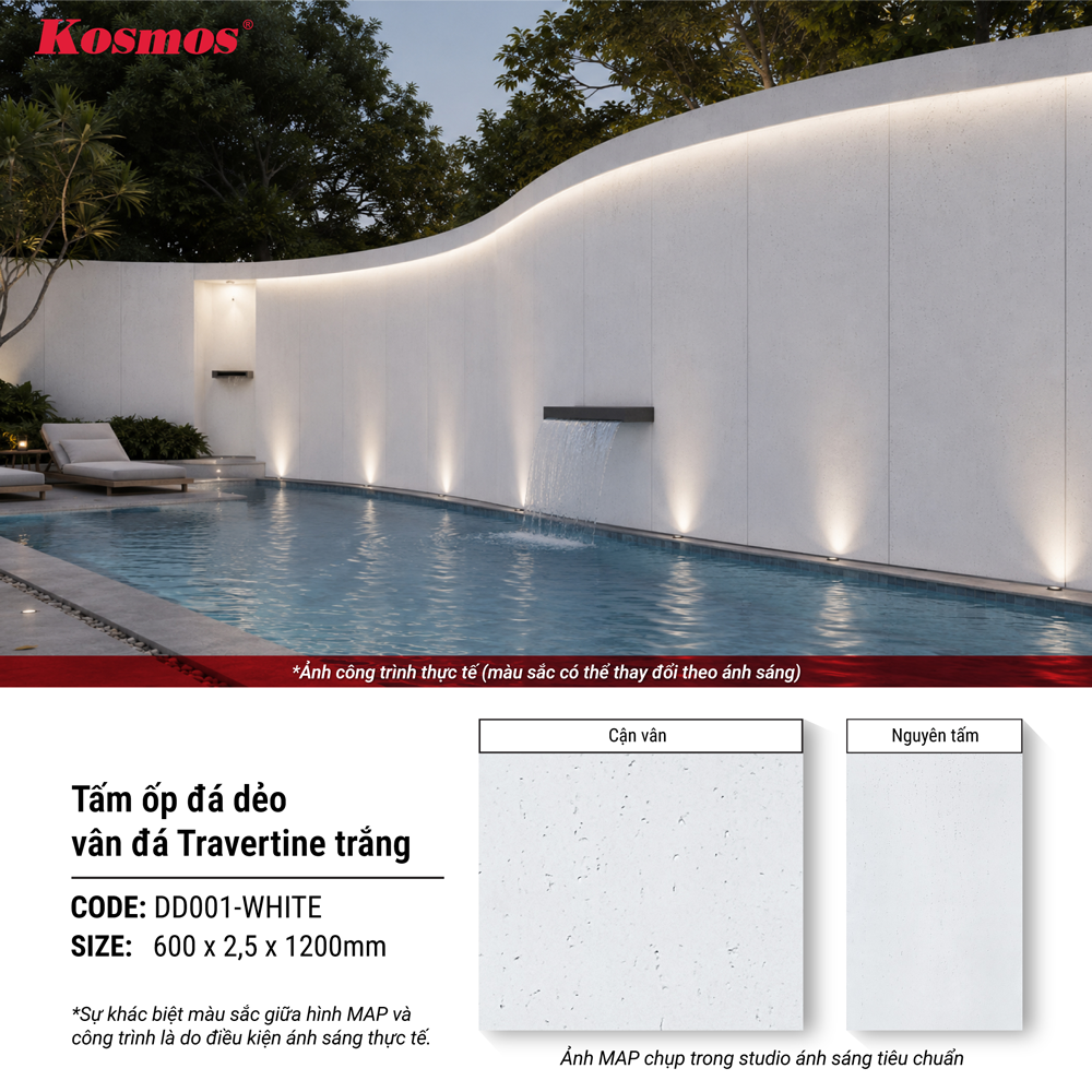 Tấm ốp đá dẻo DD001-WHITE là giải pháp trang trí mảng cong hiện đại
