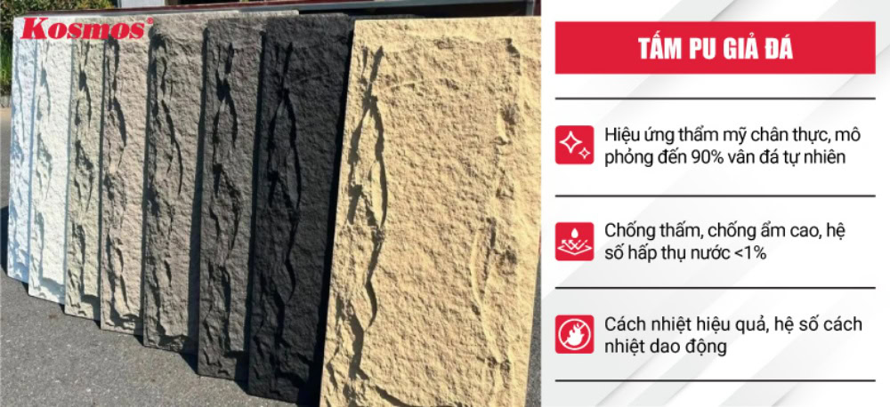 Tấm PU giả đá tái hiện chân thực hiệu ứng sần đặc trưng của đá tự nhiên

