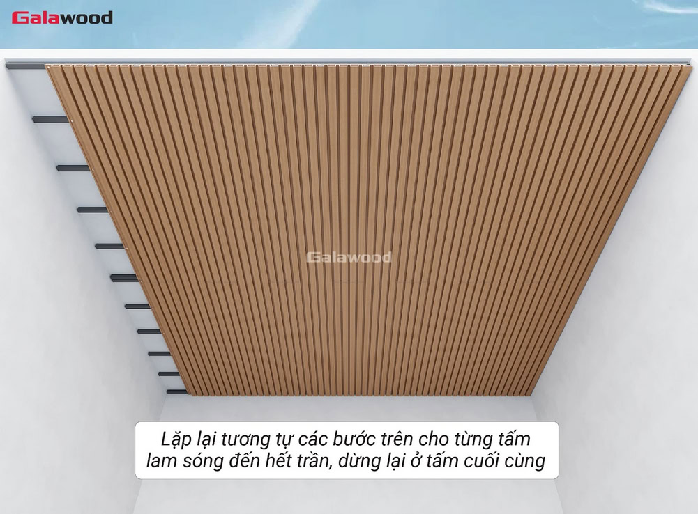 Thực hiện thao tác lắp lam sóng nhựa ASA G-4S219X25 đến hết trần