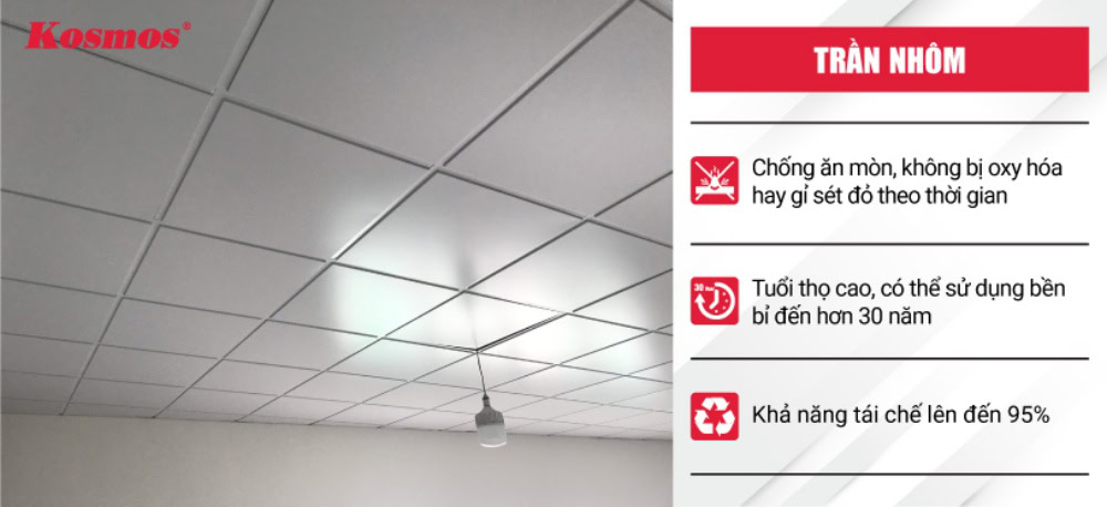 Trần nhôm được chế tạo từ hợp kim nhôm cao cấp hoặc nhôm nguyên chất
