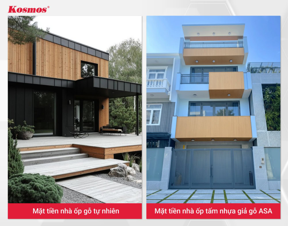 Ứng dụng gỗ tự nhiên và tấm nhựa giả gỗ phủ ASA ốp mặt tiền nhà
