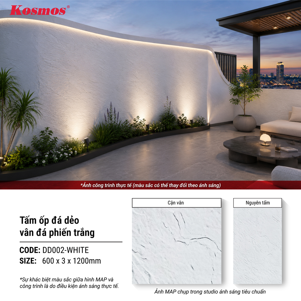 Ứng dụng tấm ốp đá dẻo DD002-WHITE hoàn thiện vách sân thượng 