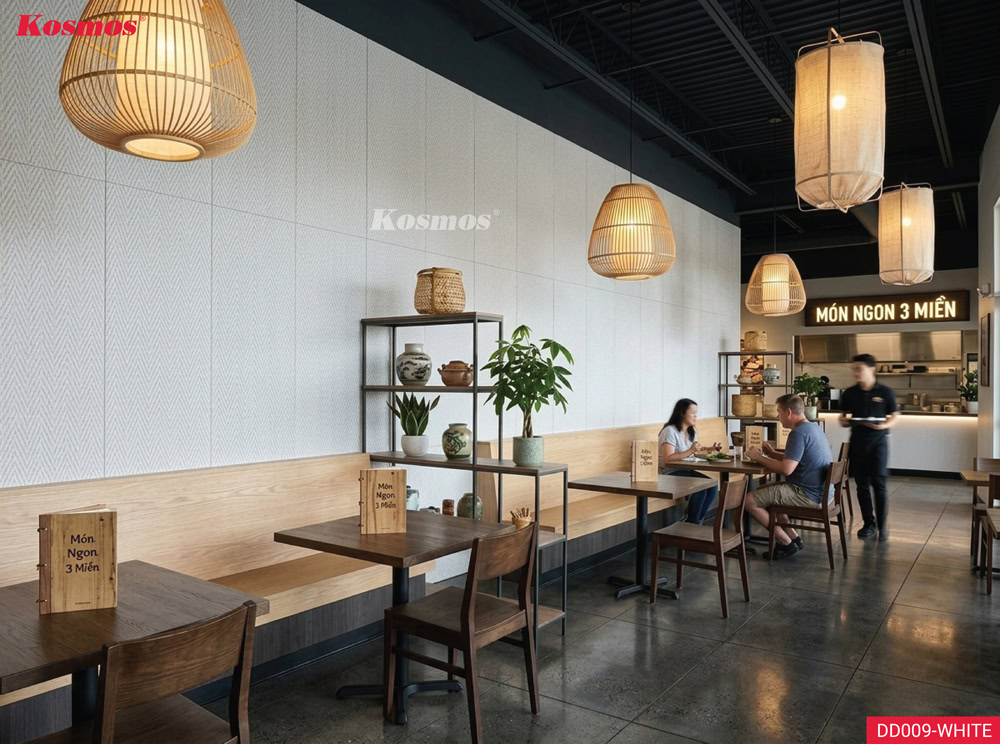 Ứng dụng tấm ốp đá dẻo DD009-WHITE kết hợp vật liệu tự nhiên trang trí nhà hàng Ứng dụng tấm ốp đá dẻo DD009-WHITE kết hợp vật liệu tự nhiên trang trí nhà hàng