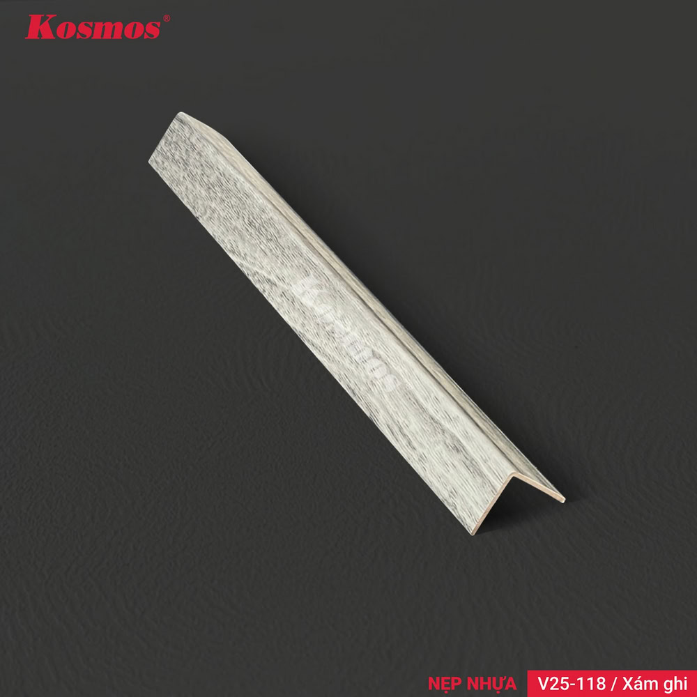 V25-118 xám ghi là nẹp nhựa chữ V dùng để che góc vuông của sàn gỗ hoặc sàn nhựa.