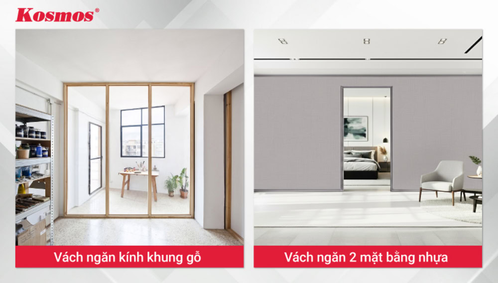 Vách ngăn kính khung gỗ và vách ngăn 2 mặt bằng nhựa